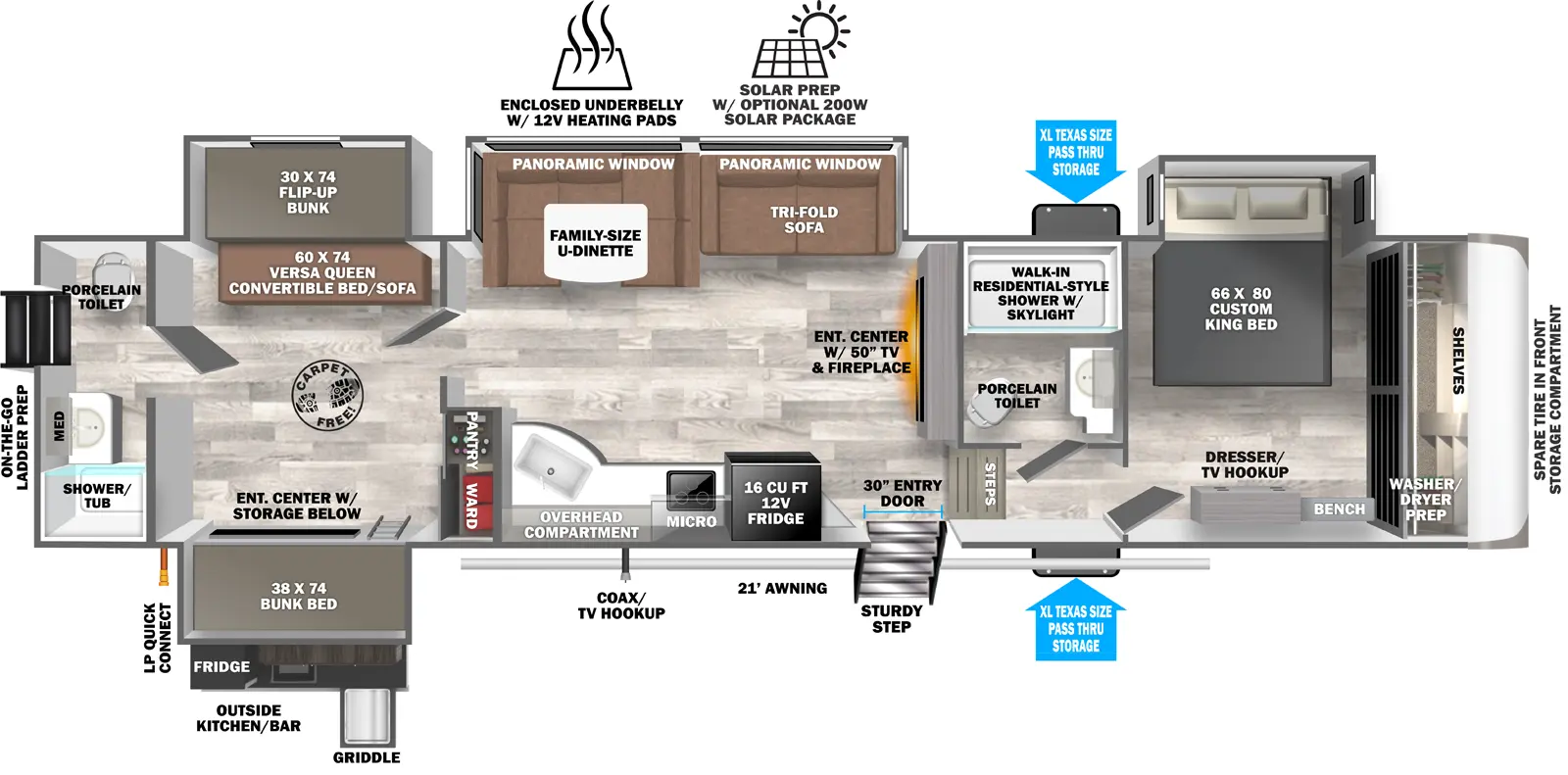 The Hemisphere Fifth Wheels 356QB has two entries and four slide outs. Exterior features include: fiberglass exterior, 21' awning and outside kitchen. Interiors features include: bunk beds, u-dinette, front bedroom, rear bathroom and two full bathrooms.